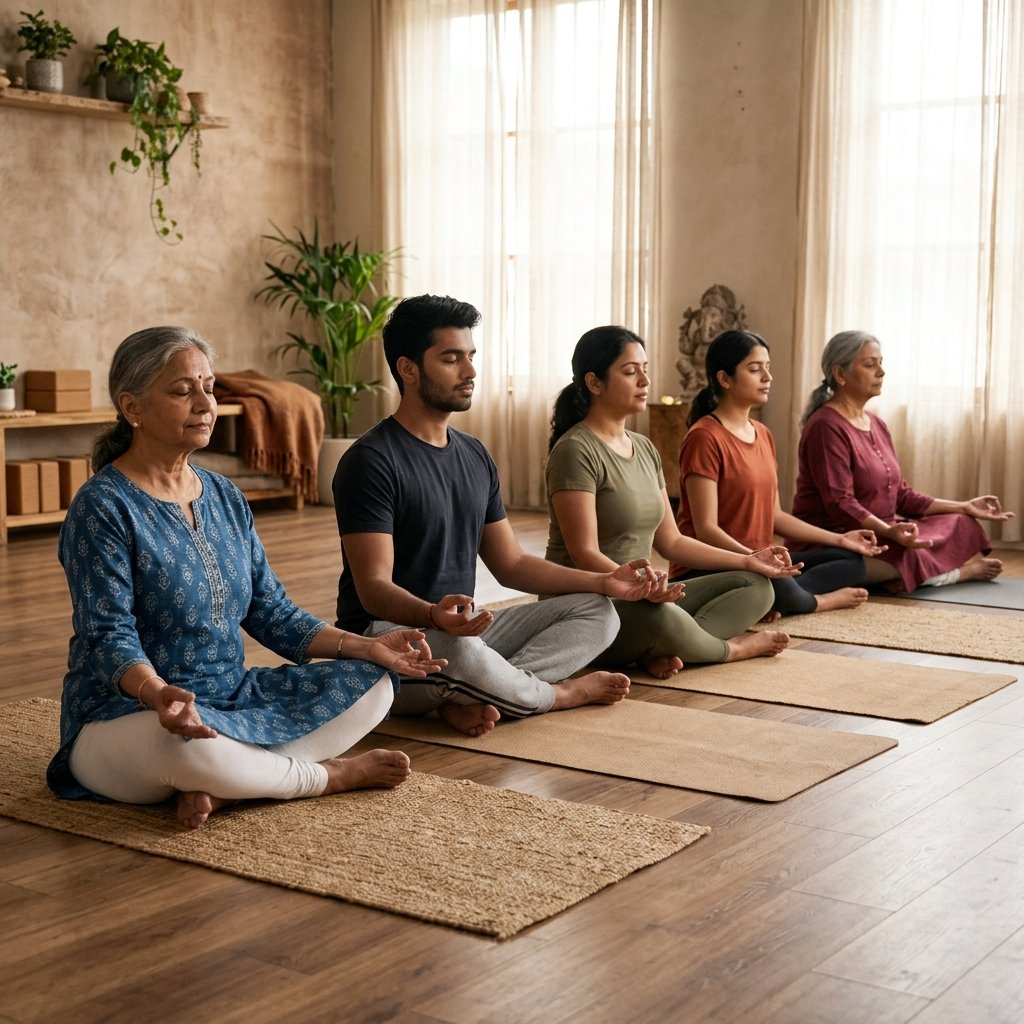 Group of women attending a live online general yoga class with Blossom