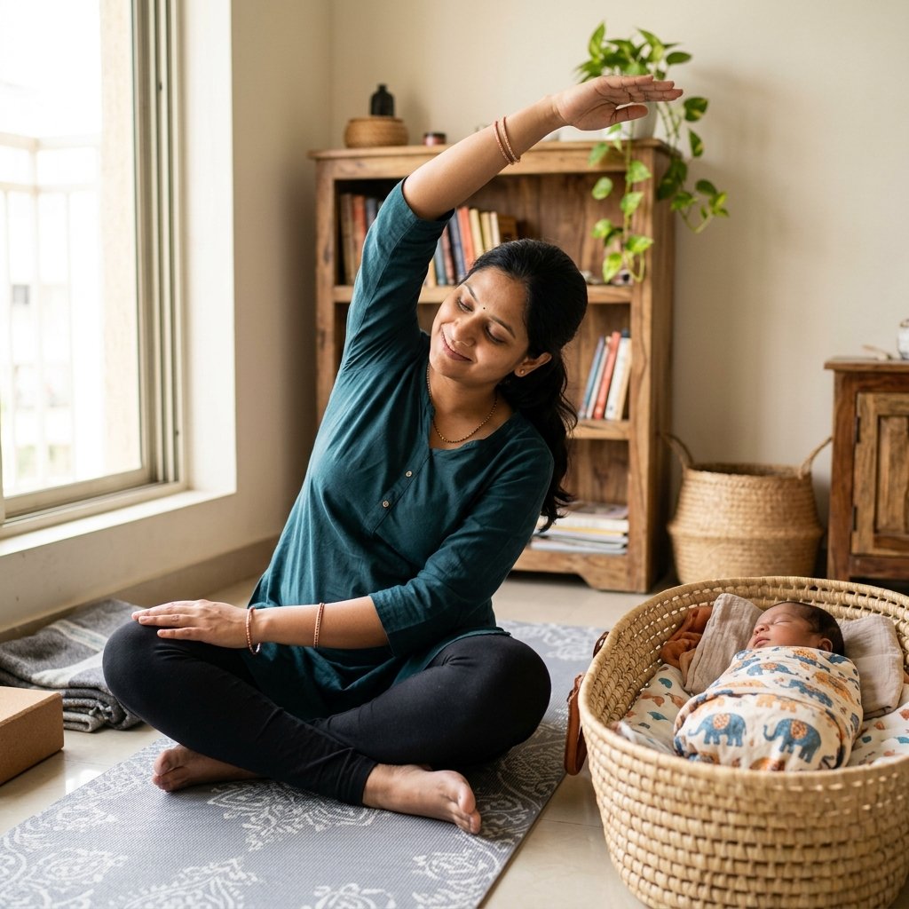 New mother doing postnatal yoga exercises for recovery after delivery