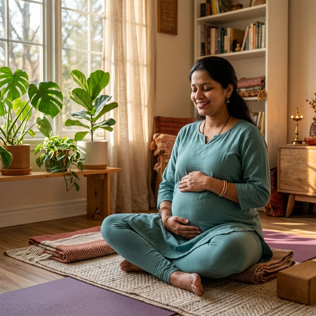 Pregnant woman practicing safe prenatal yoga online with Blossom instructor